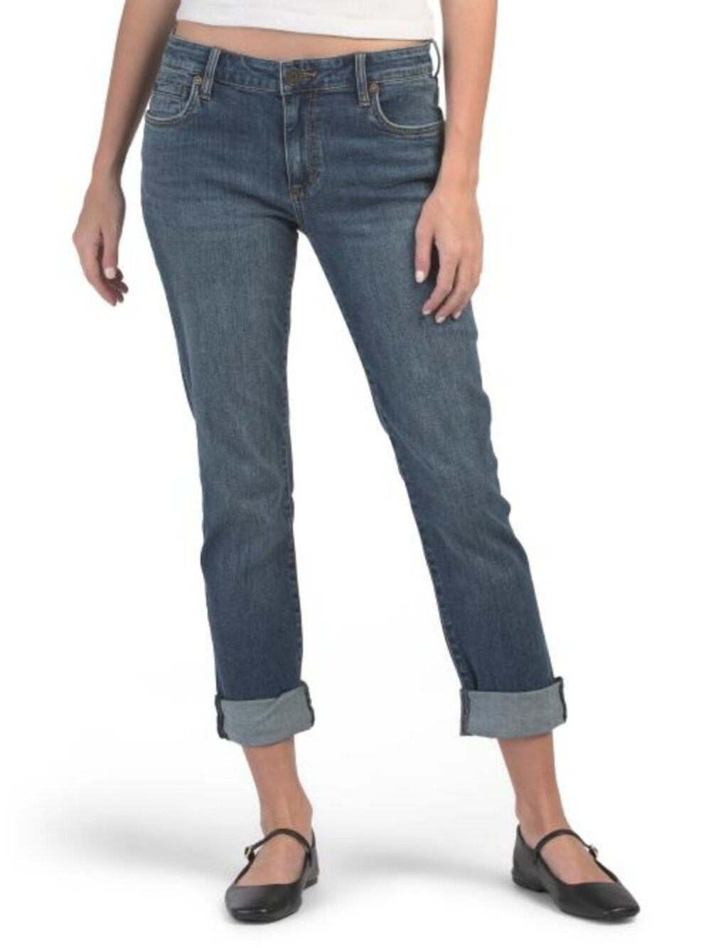 Kut from the Kloth Katy Boyfriend Mid Rise Jeans 6 Dark Wash Cuffed Button Flap